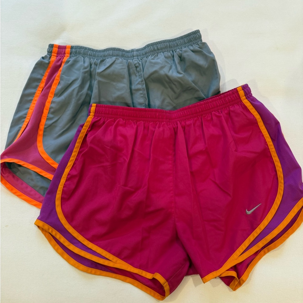 Nike Women's Pink and Gray Athletic Shorts with Orange Accents